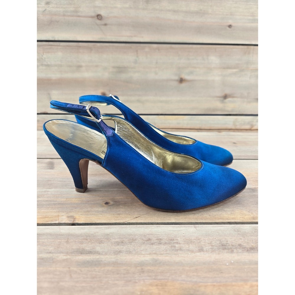 Salvatore Ferragamo Royal Blue Satin Slingback Pumps Gold Lining 6.5 B VTG Italy